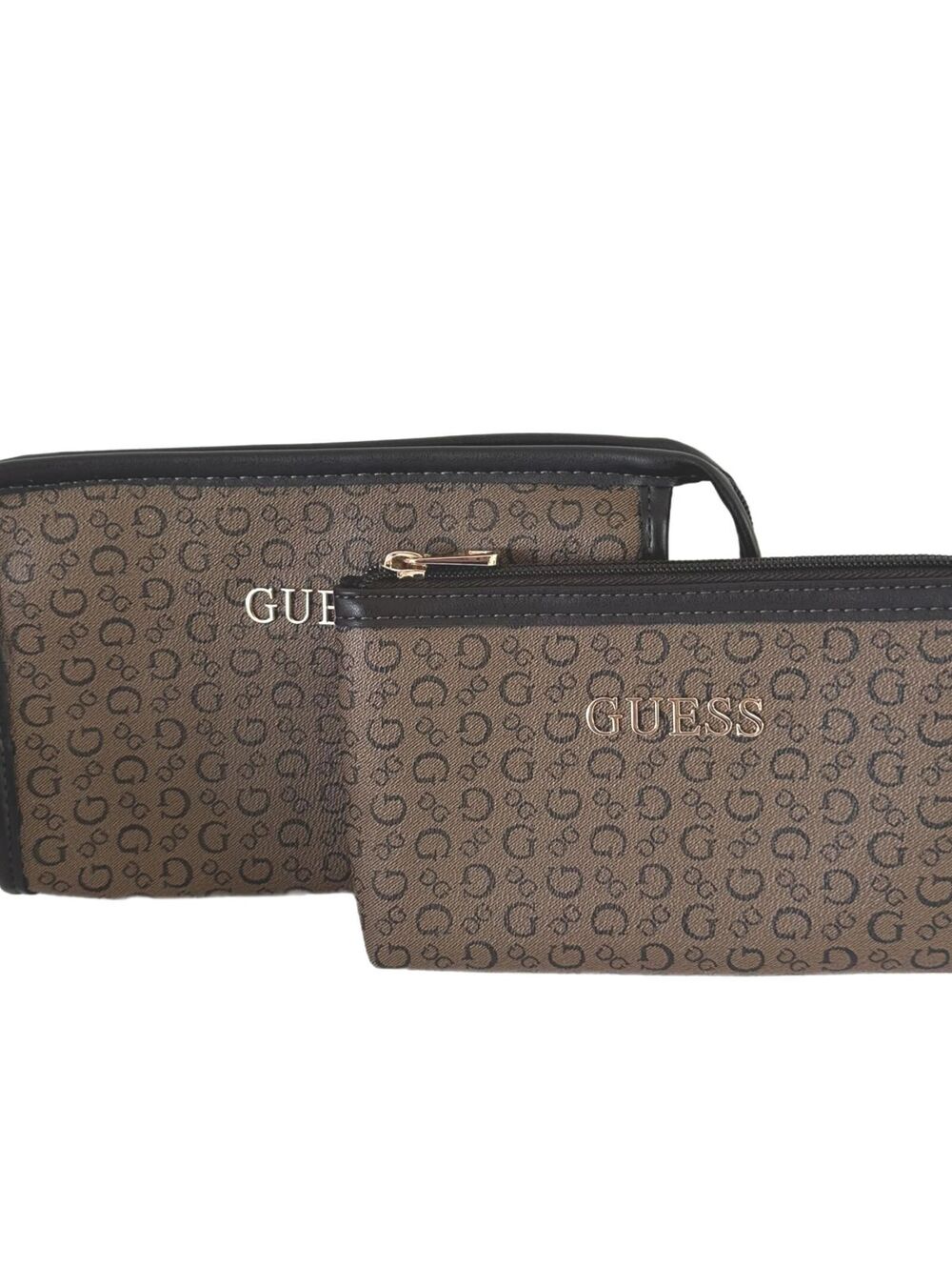 GUESS 2-Piece Cosmetic Bag Set Brown Logo Print Travel Makeup Toiletry Pouches